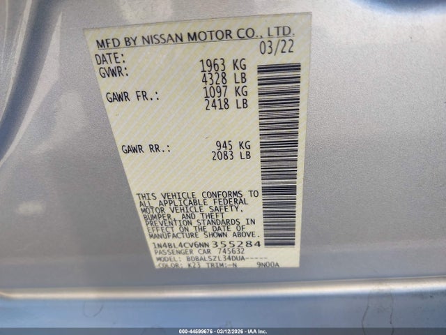 44599676 :رقم المزاد ، 1N4BL4CV6NN355284 vin ، 2022 Nissan Altima Sr Fwd مزاد بيع
