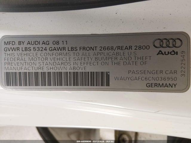 44599696 :رقم المزاد ، WAUYGAFC6CN036950 vin ، 2012 Audi A7 Premium مزاد بيع