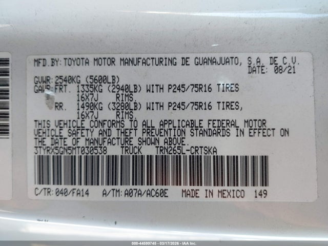 Toyota Tacoma Sr 2021 3TYRX5GN5MT030538 Image 9