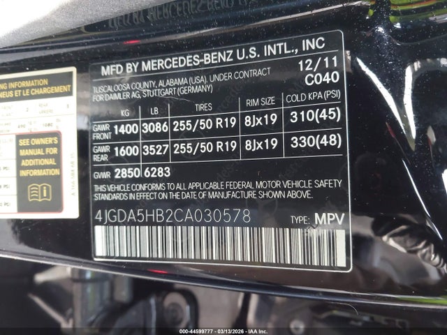 44599777 :رقم المزاد ، 4JGDA5HB2CA030578 vin ، 2012 Mercedes-benz Ml 350 4matic مزاد بيع
