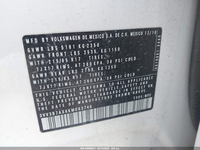 Продажа на аукционе авто 2019 Volkswagen Tiguan, vin: 3VV3B7AX6KM063746, номер лота: 44599823