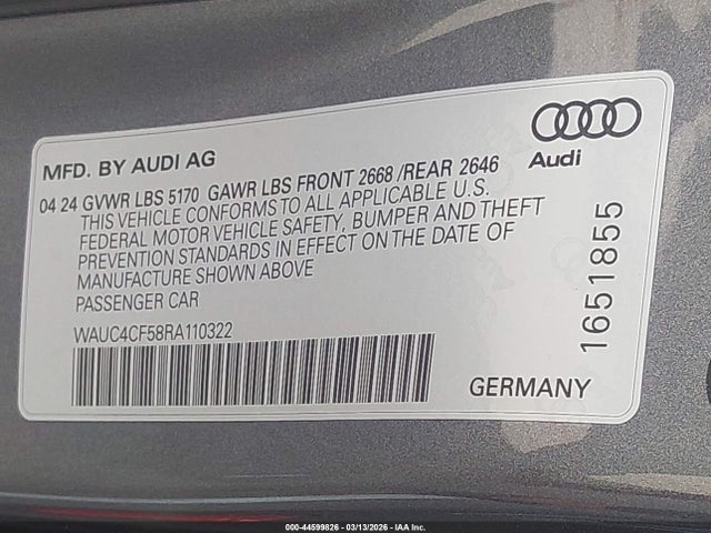 Продажа на аукционе авто 2024 Audi S5 Sportback Premium Plus Tfsi Quattro Tiptronic, vin: WAUC4CF58RA110322, номер лота: 44599826