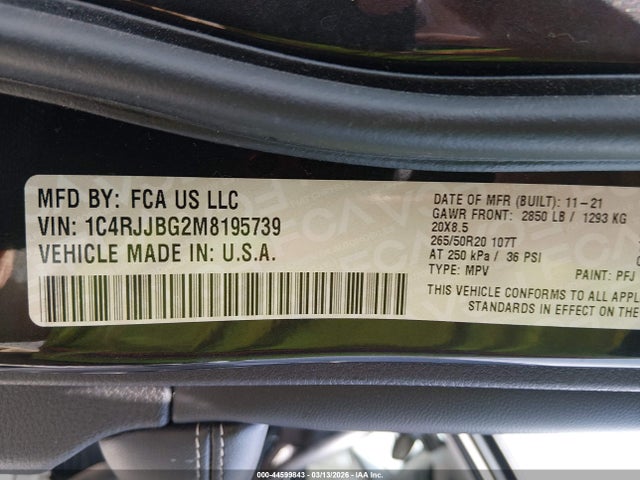 Продажа на аукционе авто 2021 Jeep Grand Cherokee L Limited 4x2, vin: 1C4RJJBG2M8195739, номер лота: 44599843