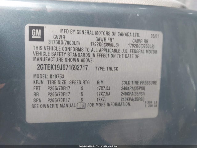 44599885 :رقم المزاد ، 2GTEK19J671692717 vin ، 2007 Gmc Sierra 1500 Slt مزاد بيع