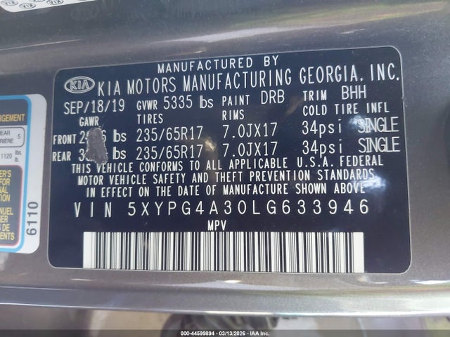 5XYPG4A30LG633946 KIA Sorento 2.4l Lx