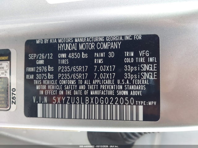 2013 HYUNDAI SANTA FE 5XYZU3LBXDG022050 Photo 8