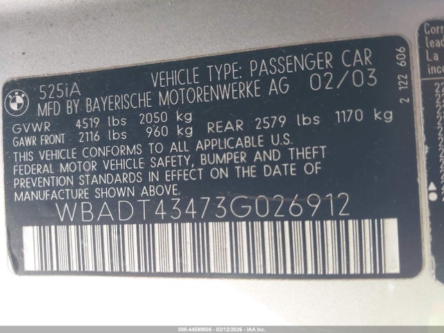 Продаж на аукціоні авто 2003 Bmw 525ia, vin: WBADT43473G026912, номер лоту: 44599908
