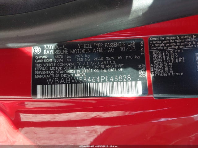 44599917 :رقم المزاد ، WBABW53464PL43828 vin ، 2004 Bmw 330ci مزاد بيع