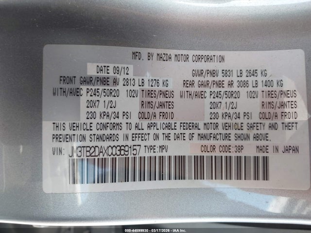 Продажа на аукционе авто 2012 Mazda Cx-9 Grand Touring, vin: JM3TB2DAXC0369157, номер лота: 44599930