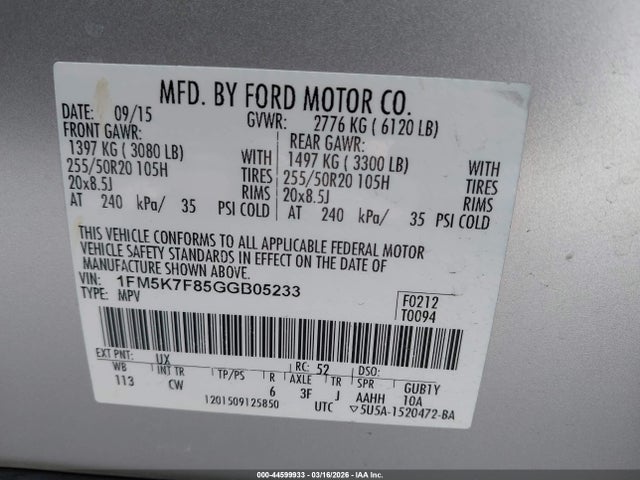 2016 Ford Explorer Limited მანქანა იყიდება აუქციონზე, vin: 1FM5K7F85GGB05233, აუქციონის ნომერი: 44599933