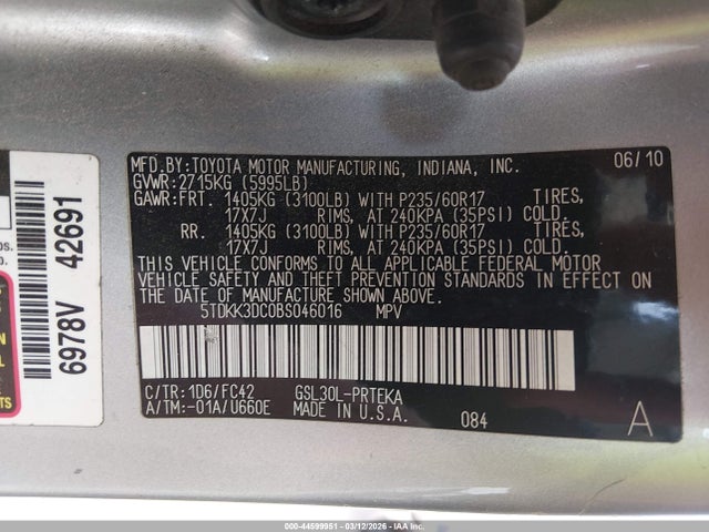 2011 Toyota Sienna Le V6 მანქანა იყიდება აუქციონზე, vin: 5TDKK3DC0BS046016, აუქციონის ნომერი: 44599951