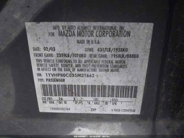 44599971 :رقم المزاد ، 1YVHP80C035M21662 vin ، 2003 Mazda Mazda6 I مزاد بيع