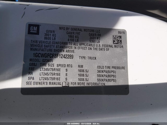 Chevrolet Express 2500 Work Van 2015 1GCWGFCF3F1242289 Image 9