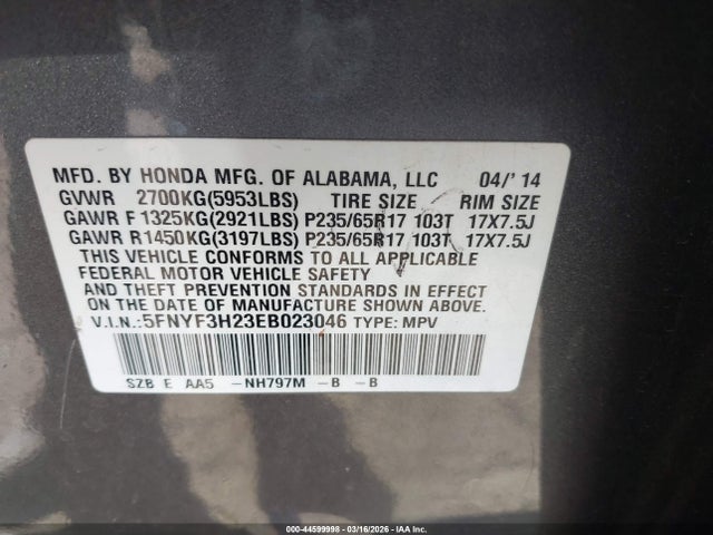 Honda PILOT LX 2014 5FNYF3H23EB023046 Image 9