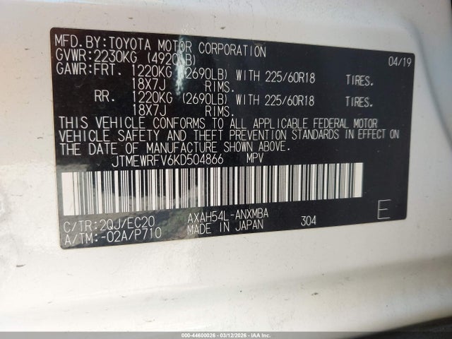 JTMEWRFV6KD504866 Toyota Rav4 Hybrid Xse