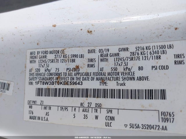 Aukcja sprzedaży 2019 Ford F-350 Xl, vin: 1FT8W3BT0KEE59643, numer aukcji: 44600029