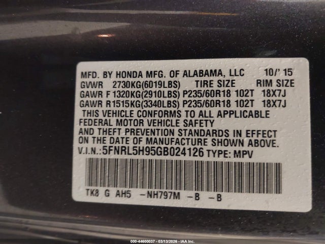 5FNRL5H95GB024126 Honda Odyssey Touring/touring Elite