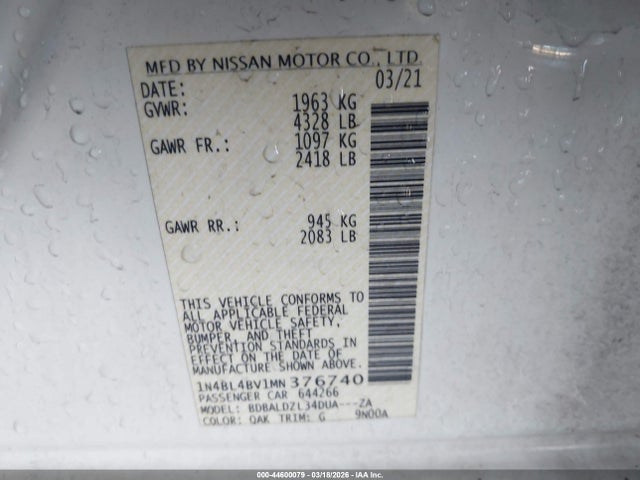 1N4BL4BV1MN376740 Nissan Altima S Fwd