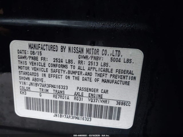 Aukcja sprzedaży 2015 Infiniti Q50 Premium, vin: JN1BV7AR3FM416323, numer aukcji: 44600081