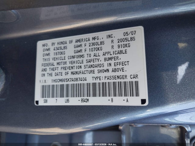Продажа на аукционе авто 2007 Honda Accord 3.0 Ex, vin: 1HGCM665X7A087404, номер лота: 44600087