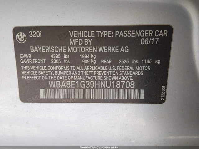 Продаж на аукціоні авто 2017 Bmw 320i, vin: WBA8E1G39HNU18708, номер лоту: 44600092