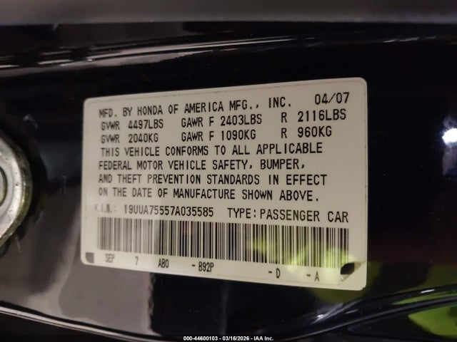 2007 Acura Tl Type S მანქანა იყიდება აუქციონზე, vin: 19UUA75557A035585, აუქციონის ნომერი: 44600103