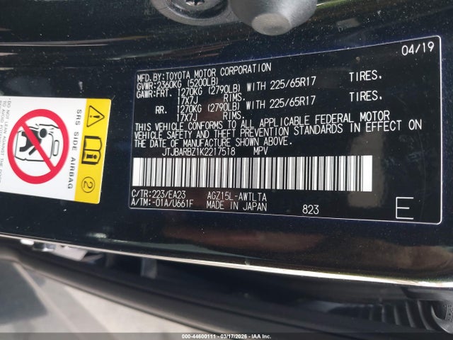 Aukcja sprzedaży 2019 Lexus Nx 300, vin: JTJBARBZ1K2217518, numer aukcji: 44600111
