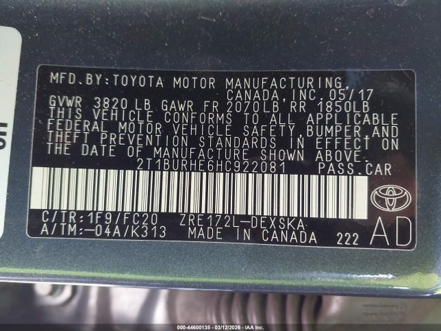 2017 TOYOTA COROLLA 2T1BURHE6HC922081 Photo 8