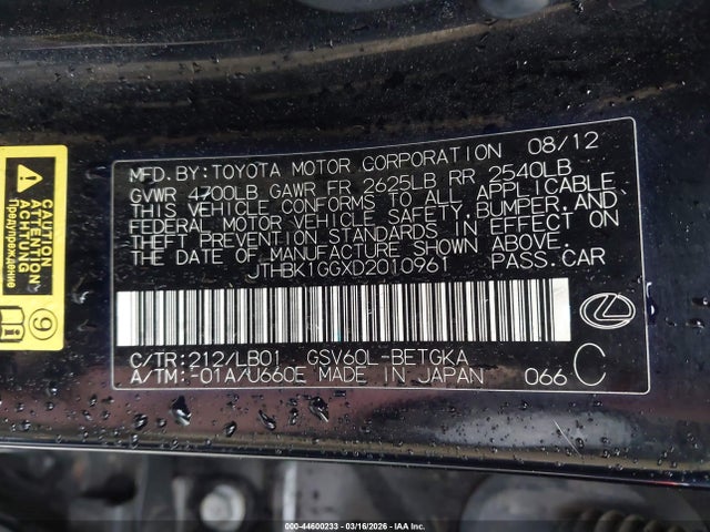 44600233 :رقم المزاد ، JTHBK1GGXD2010961 vin ، 2013 Lexus Es 350 مزاد بيع