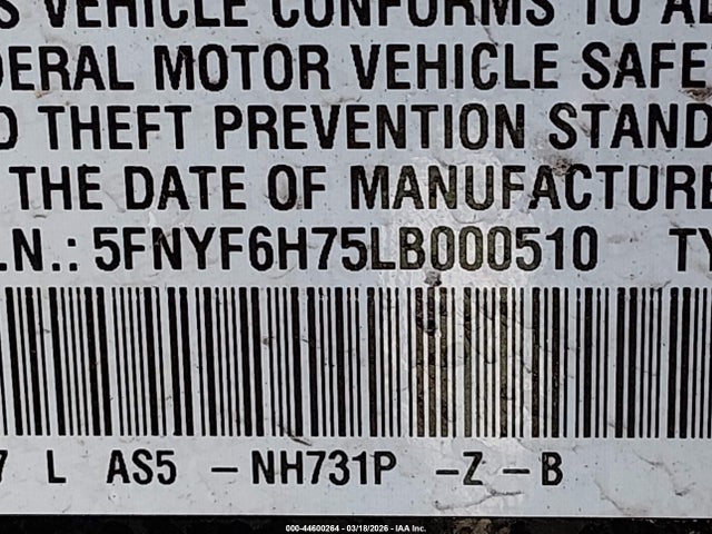 5FNYF6H75LB000510 Honda Pilot Awd Black Edition