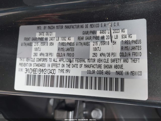44600270 :رقم المزاد ، 3MVDMBEY6MM310400 vin ، 2021 Mazda Cx-30 2.5 Turbo Premium Plus مزاد بيع
