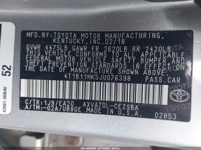 4T1B11HK5JU076398 Toyota CAMRY SE