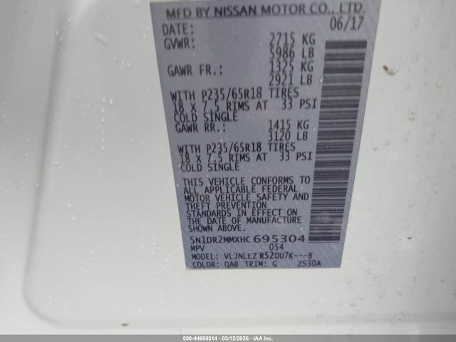 5N1DR2MMXHC695304 Nissan Pathfinder Sv