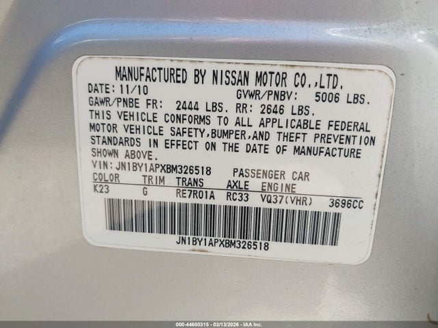 Продажа на аукционе авто 2011 Infiniti M37, vin: JN1BY1APXBM326518, номер лота: 44600315