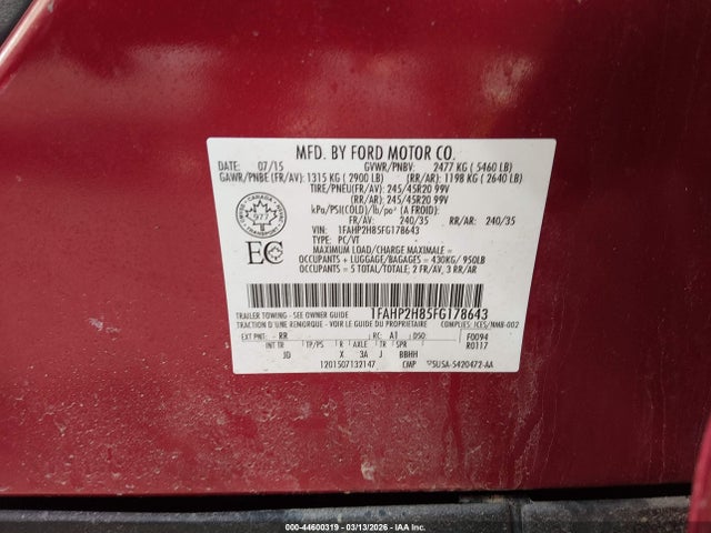 Ford TAURUS SEL 2015 1FAHP2H85FG178643 Image 9