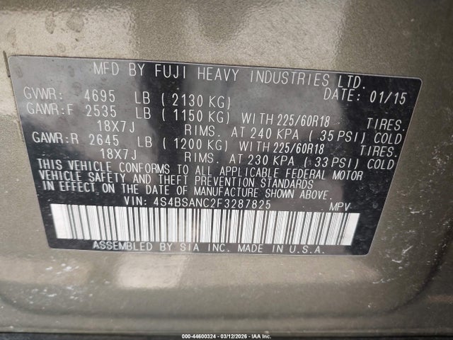 2015 Subaru Outback 2.5i Limited მანქანა იყიდება აუქციონზე, vin: 4S4BSANC2F3287825, აუქციონის ნომერი: 44600324
