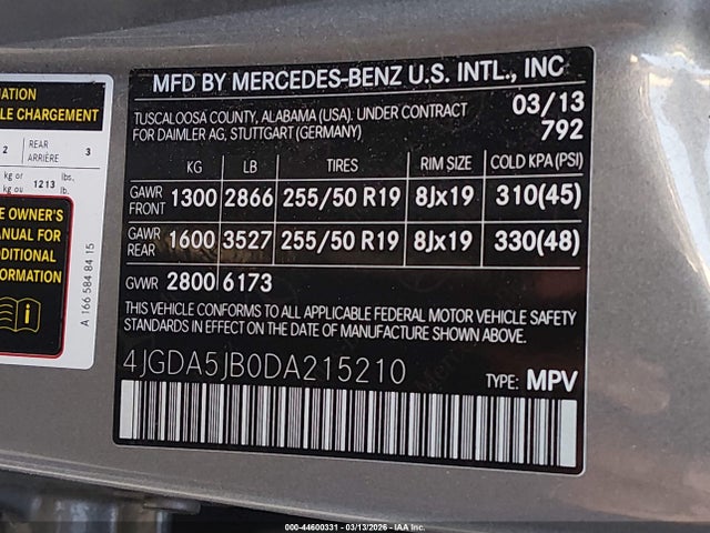 Aukcja sprzedaży 2013 Mercedes-benz Ml 350, vin: 4JGDA5JB0DA215210, numer aukcji: 44600331