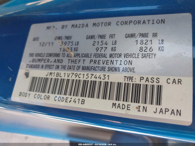 Aukcja sprzedaży 2012 Mazda Mazda3 I Touring, vin: JM1BL1V79C1574431, numer aukcji: 44600337