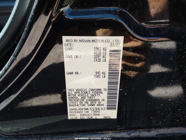 Продажа на аукционе авто 2022 Nissan Altima Sv Fwd, vin: 1N4BL4DV3NN359632, номер лота: 44600345