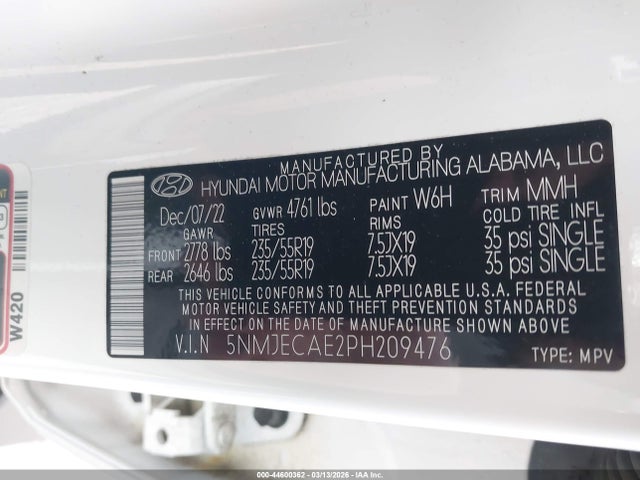 Aukcja sprzedaży 2023 Hyundai Tucson Limited, vin: 5NMJECAE2PH209476, numer aukcji: 44600362