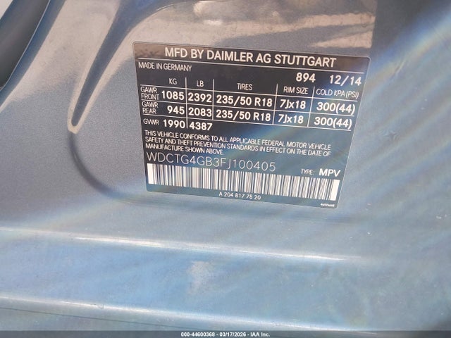 44600368 :رقم المزاد ، WDCTG4GB3FJ100405 vin ، 2015 Mercedes-benz Gla 250 4matic مزاد بيع