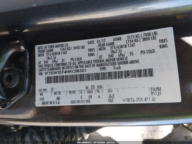 Aukcja sprzedaży 2017 Ford F-150 King Ranch/lariat/platinum/xl/xlt, vin: 1FTEW1EF4HKC58321, numer aukcji: 44600372