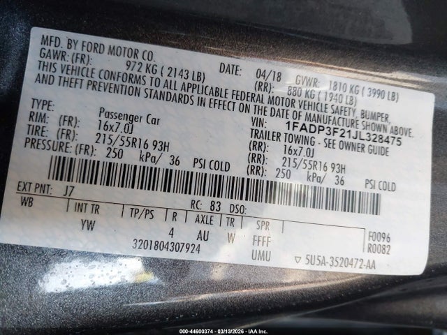2018 Ford Focus Se მანქანა იყიდება აუქციონზე, vin: 1FADP3F21JL328475, აუქციონის ნომერი: 44600374