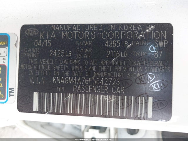 KNAGM4A76F5642723 KIA Optima Lx