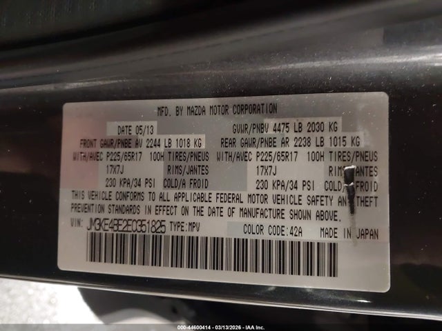 44600414 :رقم المزاد ، JM3KE4BE2E0351825 vin ، 2014 Mazda Cx-5 Sport مزاد بيع