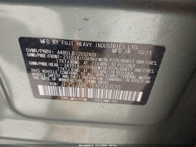 2014 Subaru Forester 2.5i Limited მანქანა იყიდება აუქციონზე, vin: JF2SJAHC7EH506820, აუქციონის ნომერი: 44600416