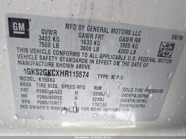 Aukcja sprzedaży 2017 Gmc Yukon Xl Slt, vin: 1GKS2GKCXHR115574, numer aukcji: 44600419