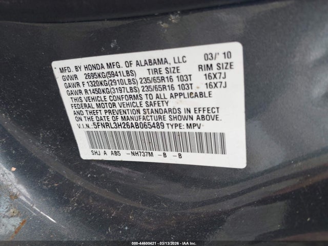 2010 HONDA ODYSSEY 5FNRL3H26AB065489 Photo 8
