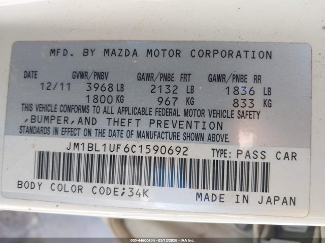 44600434 :رقم المزاد ، JM1BL1UF6C1590692 vin ، 2012 Mazda Mazda3 I Sport مزاد بيع