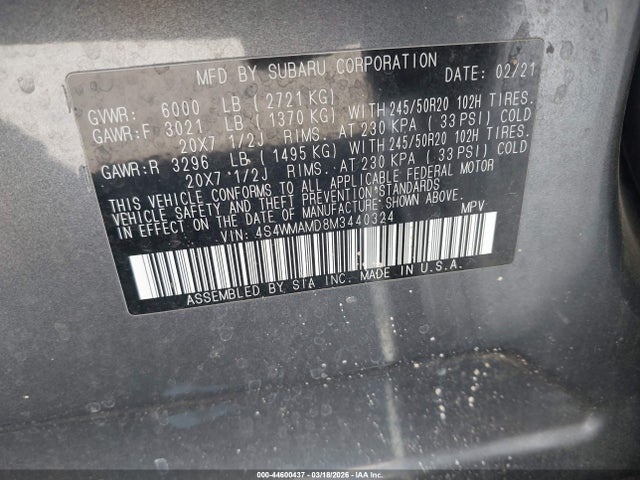 Продаж на аукціоні авто 2021 Subaru Ascent Limited, vin: 4S4WMAMD8M3440324, номер лоту: 44600437